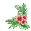 Ilustration of a bouquet with yellow-pink hibiscus flowers and tropical plants. Royalty Free Stock Photo