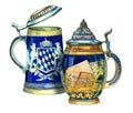 Ilustration collection of two traditional decorated bavarian beer ceramic cups with caps