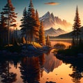 Ilustration of a country scene showing a lake, pine trees and some tall mountains during a sunset.