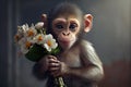 ilustration, a cute monkey boy with a bouquet of flowers in his hands, generative ai