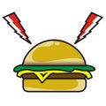 Ilustration delicious burger vegetable, cheese and beef with flash sign Royalty Free Stock Photo
