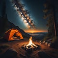 ilustration of Mystical night landscape, in the foreground hike, campfire and tent - generated by ai Royalty Free Stock Photo