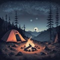 ilustration of Mystical night landscape, in the foreground hike, campfire and tent - generated by ai Royalty Free Stock Photo