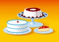 Illustration of several desserts dishes including pie, cake and pudding