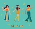 Iluustration with dancing women in bright clothes. Girl power background.