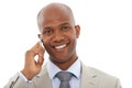 Im always on call. A young AfricanAmerican businessman speaking on his cellphone.