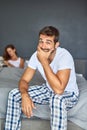 Im in the dog box now. a young couple having marital problems in the bedroom at home. Royalty Free Stock Photo