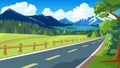 Straight asphalt road cuts through the hills and wide open fields of green grass. Royalty Free Stock Photo