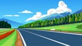 Direct asphalt road path and environment of wide open fields of green grass. Royalty Free Stock Photo