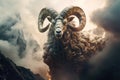 Image of abstract fantasy of bighorn ram with flames and smog. Wildlife Animals. Illustration, Generative AI
