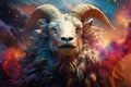 Image of abstract fantasy of bighorn ram with flames and smog. Wildlife Animals. Illustration, Generative AI