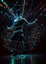 image of an abstract shadowy human figure dancing form made up of wires and string lights on the moody dark stage. Royalty Free Stock Photo