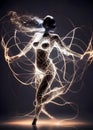 image of an abstract shadowy human figure dancing form made up of wires and string lights on the moody dark stage. Royalty Free Stock Photo
