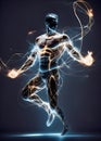 image of an abstract shadowy human figure dancing form made up of wires and string lights on the moody dark stage. Royalty Free Stock Photo