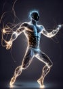 image of an abstract shadowy human figure dancing form made up of wires and string lights on the moody dark stage. Royalty Free Stock Photo