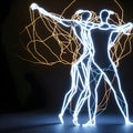 image of an abstract shadowy human figure dancing form made up of wires and string lights on the moody dark stage. Royalty Free Stock Photo