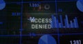 Image of access denied text over graphs, currency symbols, changing numbers on black background Royalty Free Stock Photo