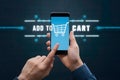 Image Add to cart internet shopping, person hand using smartphone