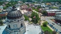 Aerial by Courthouse in Bloomington Indiana with tourist district Royalty Free Stock Photo