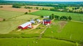 Aerial cows wandering around in green pasture with nearby red barn and red stable Royalty Free Stock Photo