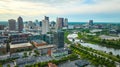 Aerial dawn over Columbus Ohio city wide view