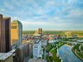 Aerial downtown Columbus Ohio with city street and winding river at sunrise