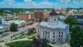 Aerial of downtown Courthouse in Bloomington Indiana with shops Royalty Free Stock Photo