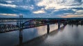 Aerial LGBTQ rainbow pride colors on bridge over Ohio River at sunset Kentucky Royalty Free Stock Photo