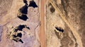 Aerial looking down at desert road with pillars of rock