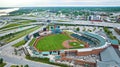 Aerial Louisville Slugger Field empty baseball diamond with criss crossing highway roads