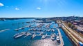 Aerial open view of port filled with boats on Maine coast in Portland Royalty Free Stock Photo