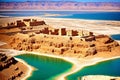 Aerial panoramic view of the Dead Sea and the ancient fortification Masada in the Southern District of