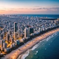 Aerial photo of the oceanside city of Tel Aviv Yafo. Taken from inland the photo shows the entire cityscape including