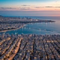 Aerial photo of the oceanside city of Tel Aviv Yafo. Taken from inland the photo shows the entire cityscape including