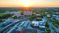 Aerial sunrise over city river and train architecture art building downtown Fort Wayne Indiana