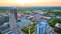 Aerial sunrise over downtown Fort Wayne main skyscrapers and Allen County Courthouse