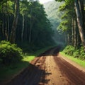 an aerial top view rural road in the forest, dirt road or mud road and rain fore...