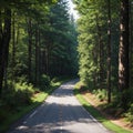 an aerial view of an asphalt road and green forest and a forest road with a car ... Royalty Free Stock Photo