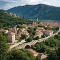 Aerial view of Balazuc, one of the most beautiful village in Ardeche, South of France made with Generative AI Royalty Free Stock Photo