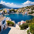 Aerial view of the beautiful greek island of Symi (Simi) with colourful houses and small boats. Greece, Symi Royalty Free Stock Photo