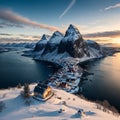 Aerial view of blue sea, snowy mountains, rocks, village, buildings, rorbu, road, bridge, colorful cloudy Royalty Free Stock Photo