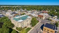 Aerial view of courthouse in rural town