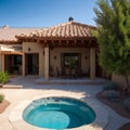 An aerial view of a desert landscaped backyard in Arizona featuring a travertine pool deck and fireplace.