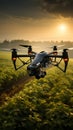 Image Aerial view drone flying over agricultural fields, analyzing during sunrise