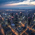 Aerial view of Osaka city from sky building. Bird eye view of cityscape with crowded skyscrapers offices and Royalty Free Stock Photo