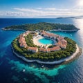 Aerial view of Paklinski Islands in Hvar, Croatia. Turquise water bays with luxury yachts and sailing boats. Toned Royalty Free Stock Photo