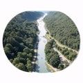 an aerial view of people kayaking in the river.