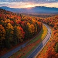 Aerial view of road in colorful forest at sunset in autumn. Top view from drone of mountain road in woods. Beautiful Royalty Free Stock Photo
