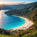 Aerial view of sea bay, sandy beach with umbrellas, trees, mountain at sunny day in summer. Blue lagoon in Oludeniz, Royalty Free Stock Photo