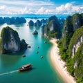 Aerial view Vung Vieng floating fishing village and rock island, Halong Bay, Vietnam, Southeast Asia. UNESCO World